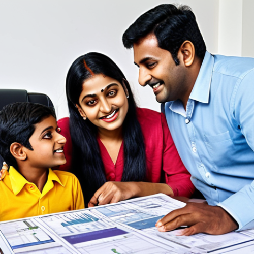 Home 4 **
A happy Bengali family receiving advice from a tax advisor in a modern office setting. The scene should depict trust and financial security, with visual cues representing home ownership (e.g., house blueprints, keys). Emphasize a bright and positive atmosphere.
**
