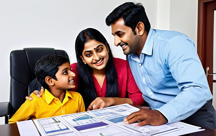 **
A happy Bengali family receiving advice from a tax advisor in a modern office setting. The scene should depict trust and financial security, with visual cues representing home ownership (e.g., house blueprints, keys). Emphasize a bright and positive atmosphere.
**