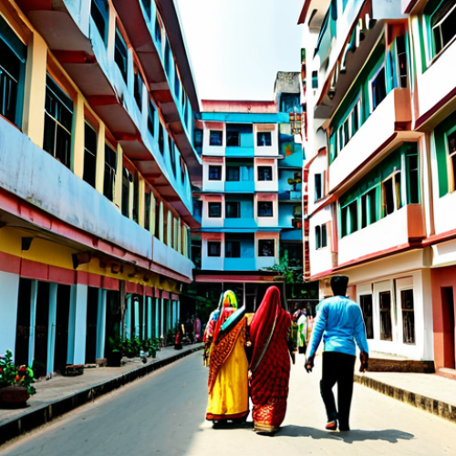 Home 7 **
"A bustling street scene in Dhaka, Bangladesh, showcasing a modern, multi-story apartment building. Families are entering and exiting, fully clothed in traditional Bengali attire. Sunlight, vibrant colors, safe for work, appropriate content, fully clothed, professional architecture, natural proportions, high quality."
**