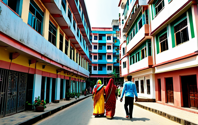 **

"A bustling street scene in Dhaka, Bangladesh, showcasing a modern, multi-story apartment building. Families are entering and exiting, fully clothed in traditional Bengali attire. Sunlight, vibrant colors, safe for work, appropriate content, fully clothed, professional architecture, natural proportions, high quality."

**