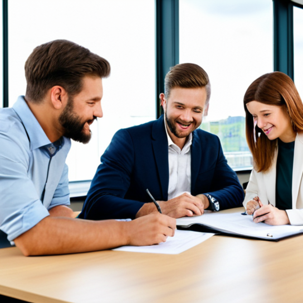 임대 수익 계산법 - **Subject:** A diverse group of individuals signing a rental agreement. **Environment:** A clean, mo...