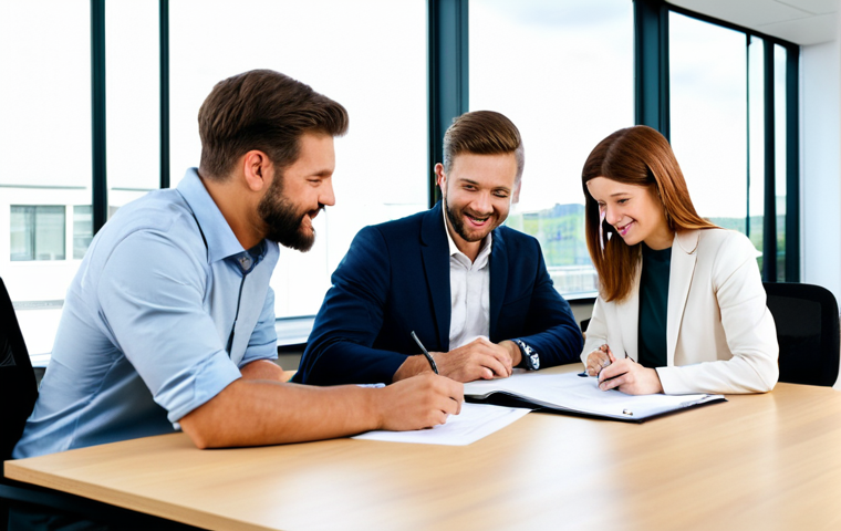 임대 수익 계산법 - **Subject:** A diverse group of individuals signing a rental agreement. **Environment:** A clean, mo...