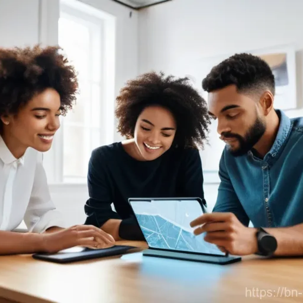 토지 이용 계획 확인법 - **Prompt:** A diverse group of young adults, a man and a woman, are comfortably seated at a modern d...