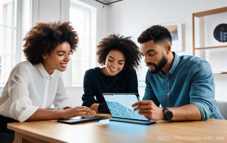 토지 이용 계획 확인법 - **Prompt:** A diverse group of young adults, a man and a woman, are comfortably seated at a modern d...