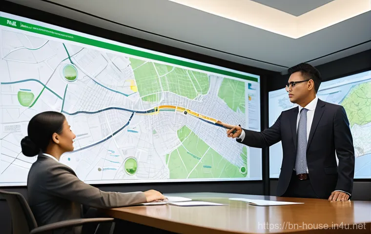 토지 이용 계획 확인법 - **Prompt:** A diverse group of young adults, a man and a woman, are comfortably seated at a modern d...