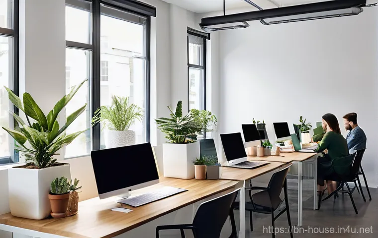 공유 오피스 임대 - **Prompt for Focused Work and Modern Comfort:**
    "A clean, brightly lit, modern co-working space ...