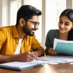 주택 청약통장 활용법 - **Prompt:** A young Bengali couple in their late 20s or early 30s, seated comfortably at a wooden di...
