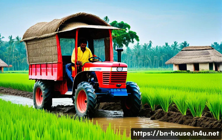 농촌 정착 지원 정책 - A vibrant rural Bengali farming scene showcasing modern agricultural technology in use: a farmer in ...