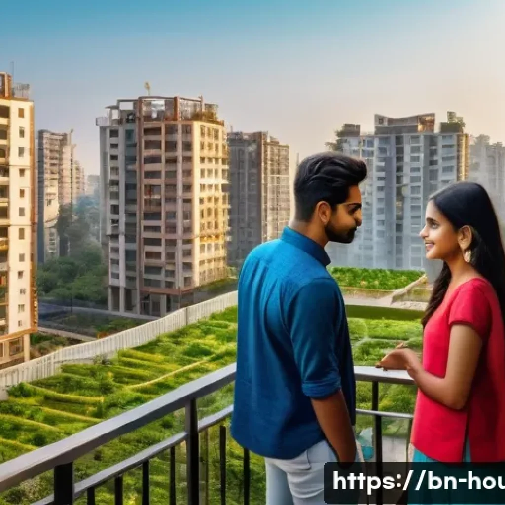 부동산 시장 전망 분석 - A vibrant urban real estate market scene in a large Bengali city, showing modern residential buildin...