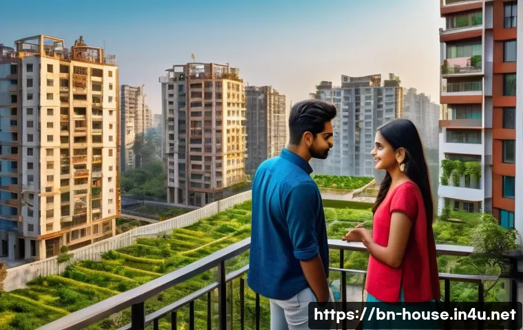 부동산 시장 전망 분석 - A vibrant urban real estate market scene in a large Bengali city, showing modern residential buildin...