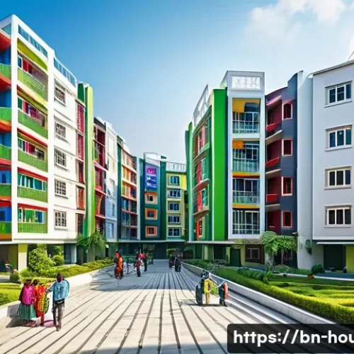 재개발 임대아파트 조건 - A vibrant urban redevelopment housing complex in Bangladesh featuring modern multi-story apartment b...