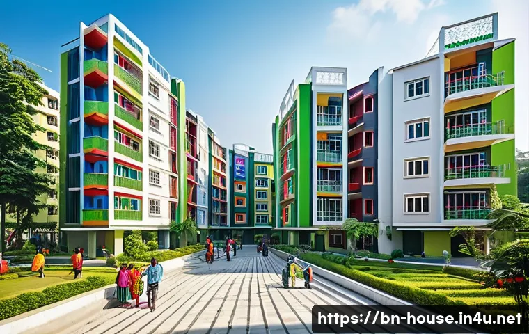 재개발 임대아파트 조건 - A vibrant urban redevelopment housing complex in Bangladesh featuring modern multi-story apartment b...