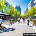 서울 아파트 인기 지역 - A vibrant urban neighborhood in Seoul bustling with diverse age groups, featuring modern apartment b...