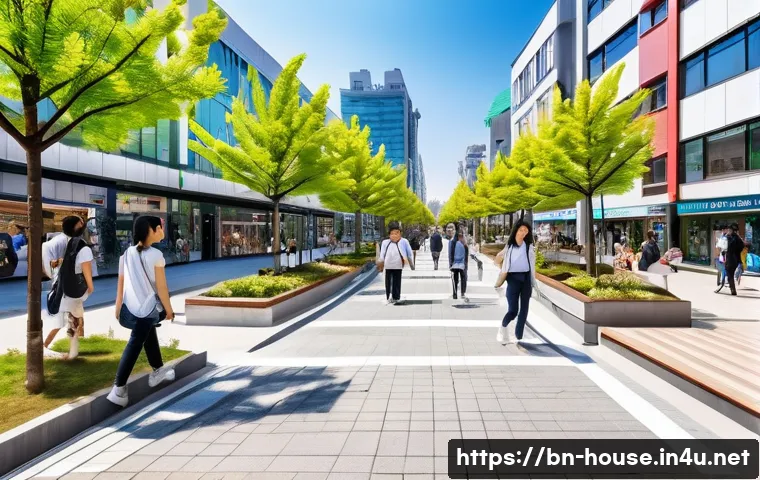 서울 아파트 인기 지역 - A vibrant urban neighborhood in Seoul bustling with diverse age groups, featuring modern apartment b...