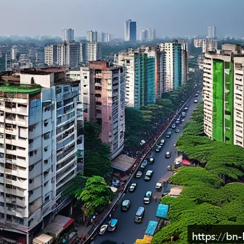 부동산 투자 시기 분석 - A detailed and vibrant urban real estate market scene in Bangladesh, showing a mix of residential an...