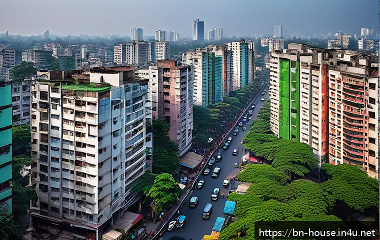 부동산 투자 시기 분석 - A detailed and vibrant urban real estate market scene in Bangladesh, showing a mix of residential an...